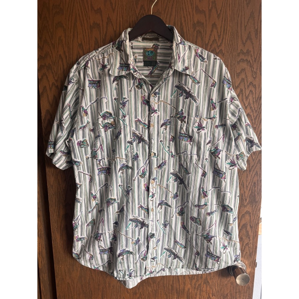 Royal Robbins Mens XL Vintage Fly Fishing Lure Print Striped Cotton Shirt Grey